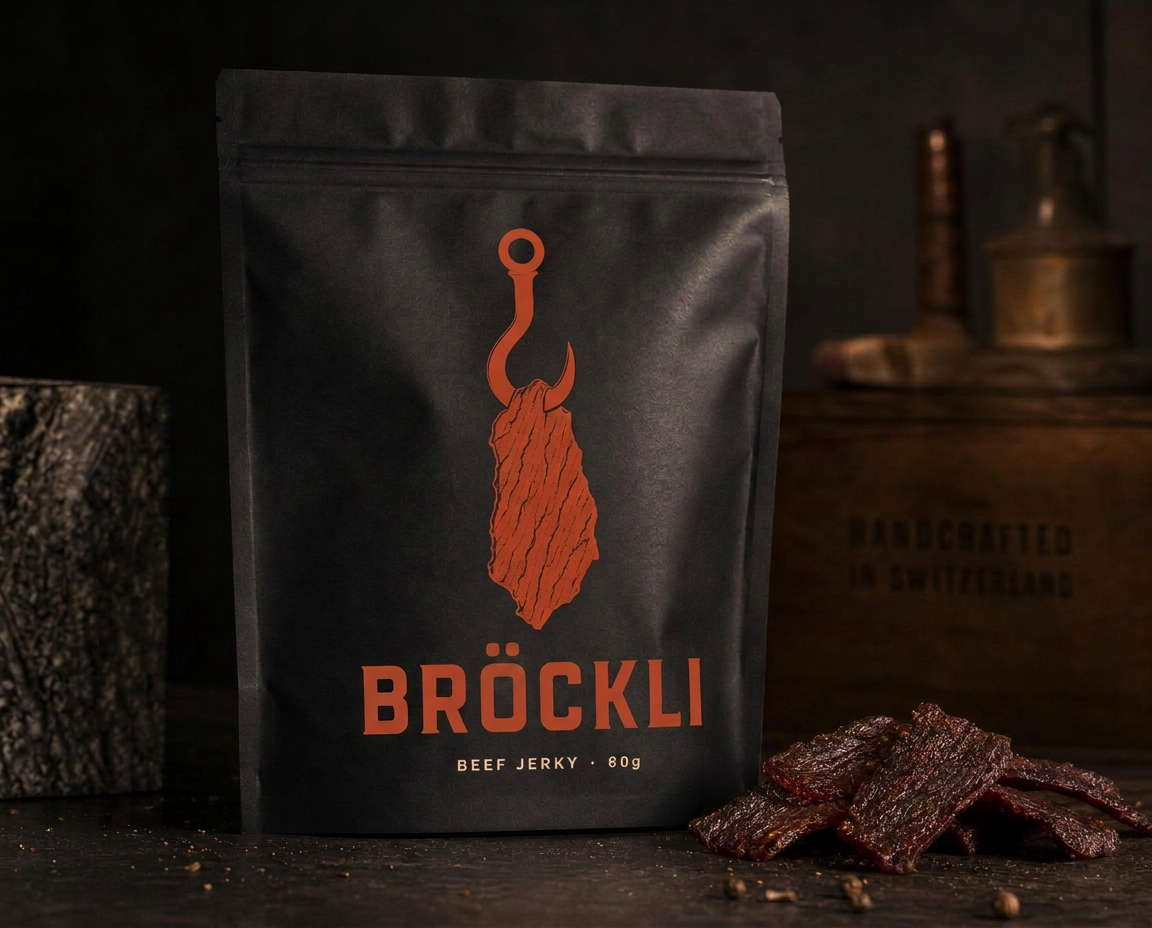 BRÖCKLI Beef Jerky Verpackung mit Jerky-Stücken